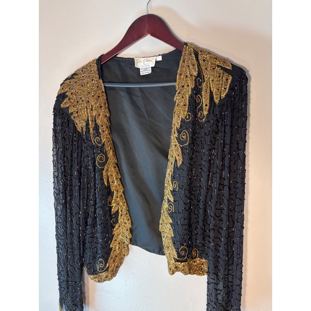Tan-Cho Exclusive Vintage 100% Silk Beaded Jacket Black Gold Evening Bolero 2X